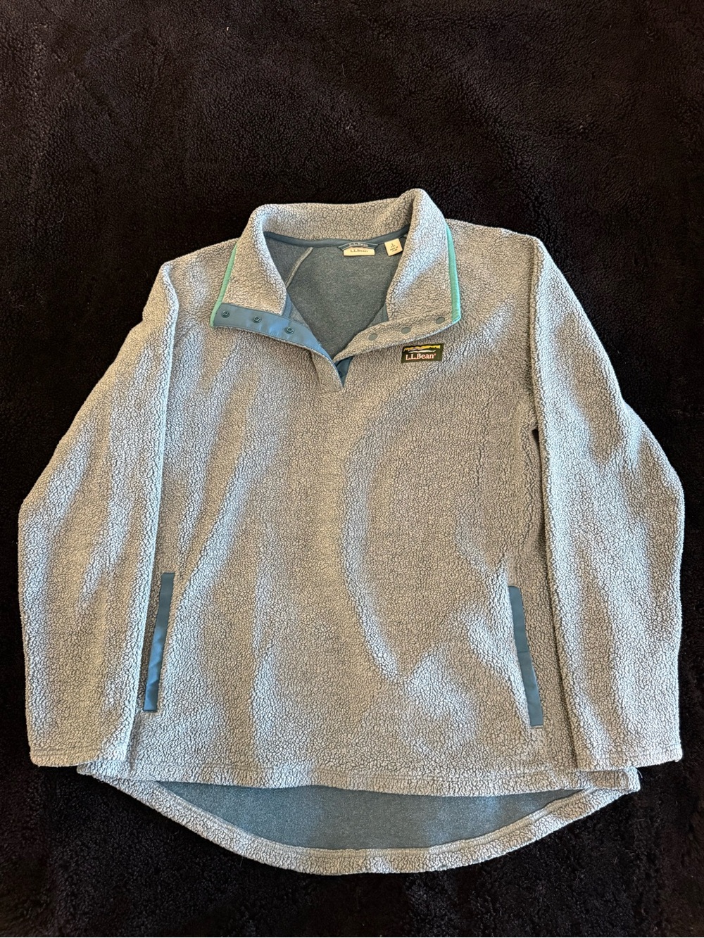 L.L. Bean Women’s Light Blue Sherpa Zip Pullover with Teal Trim